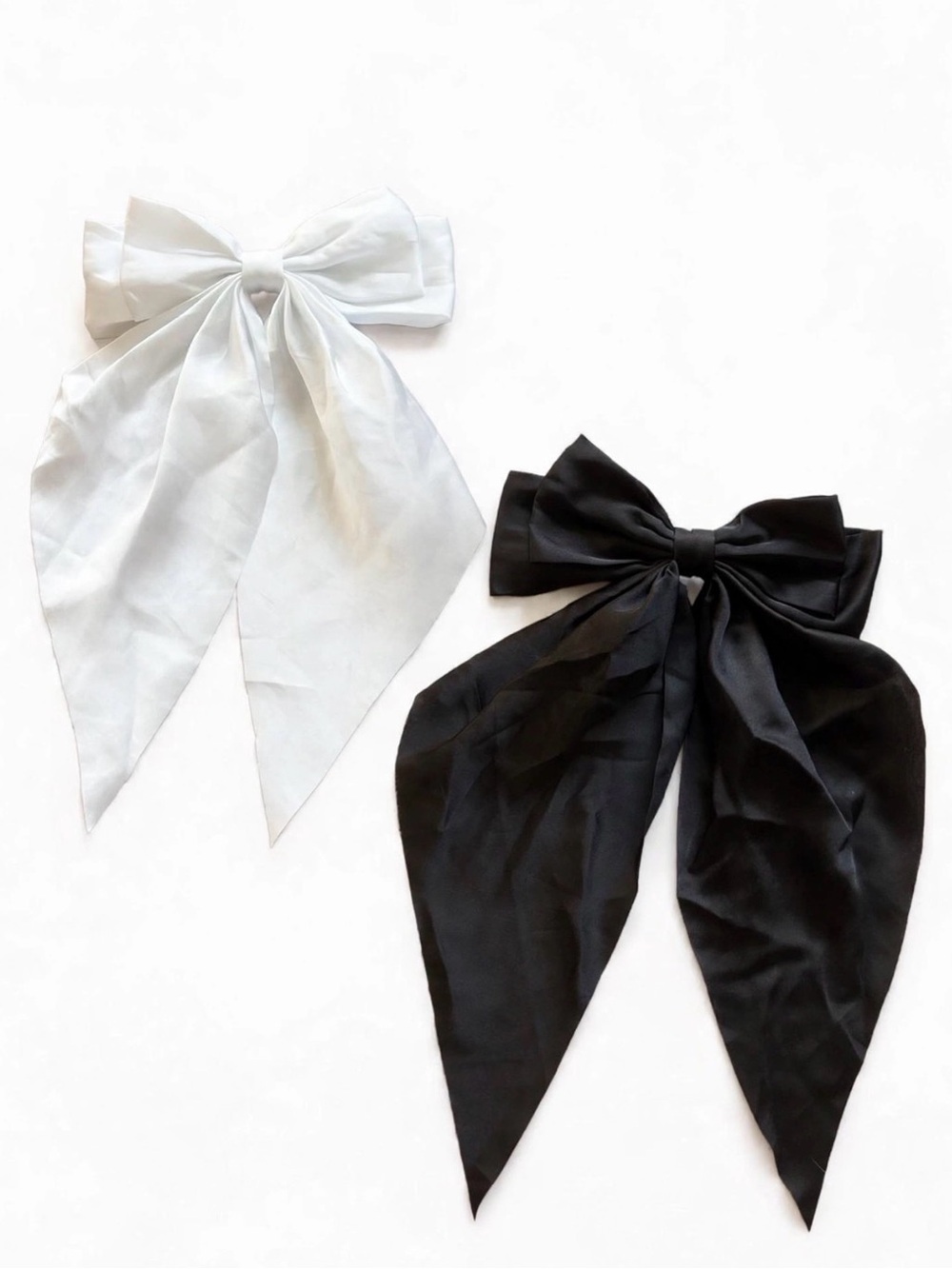 Bundle of 2 Large Satin Hair Bows White & Black Long Tail French Barrette Coquet